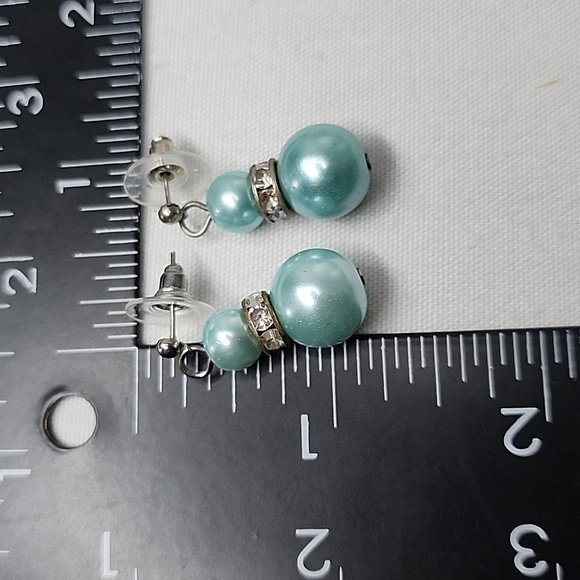 Aqua Blue Glass Pearl and Rhinestone Necklace Earrings and Bracelet Set - Picture 15 of 15